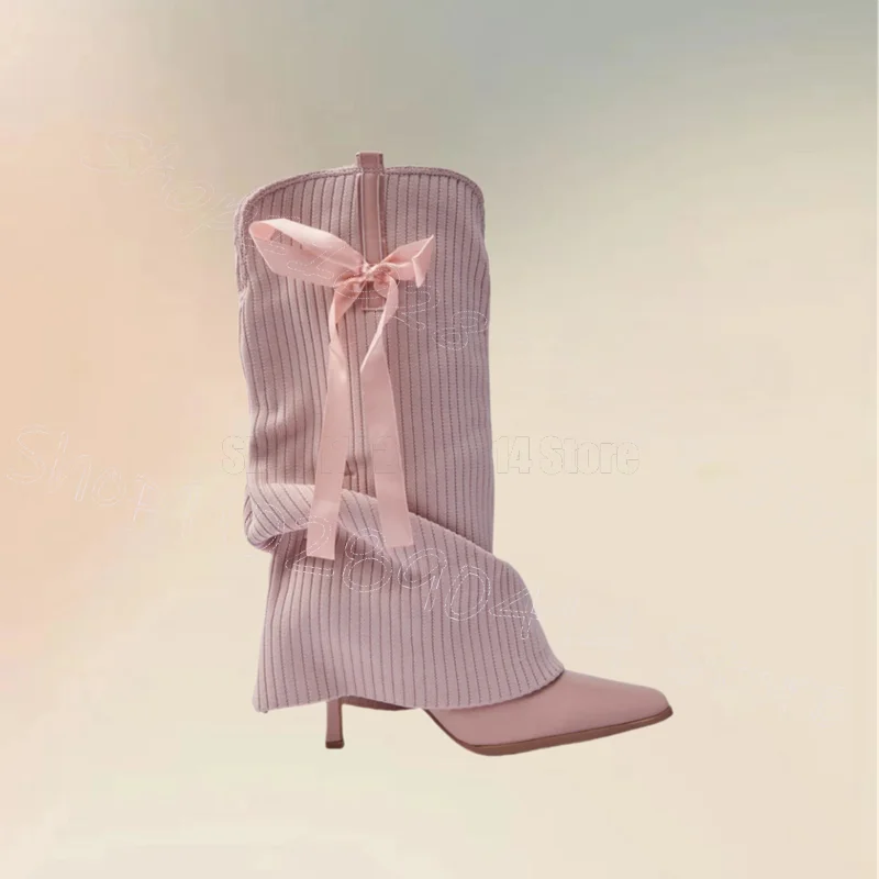 Botas de punto de lana rosa con lazo y punta estrecha, Zapatos sin cordones Para Mujer, tacones finos, fiesta, citas, 2025