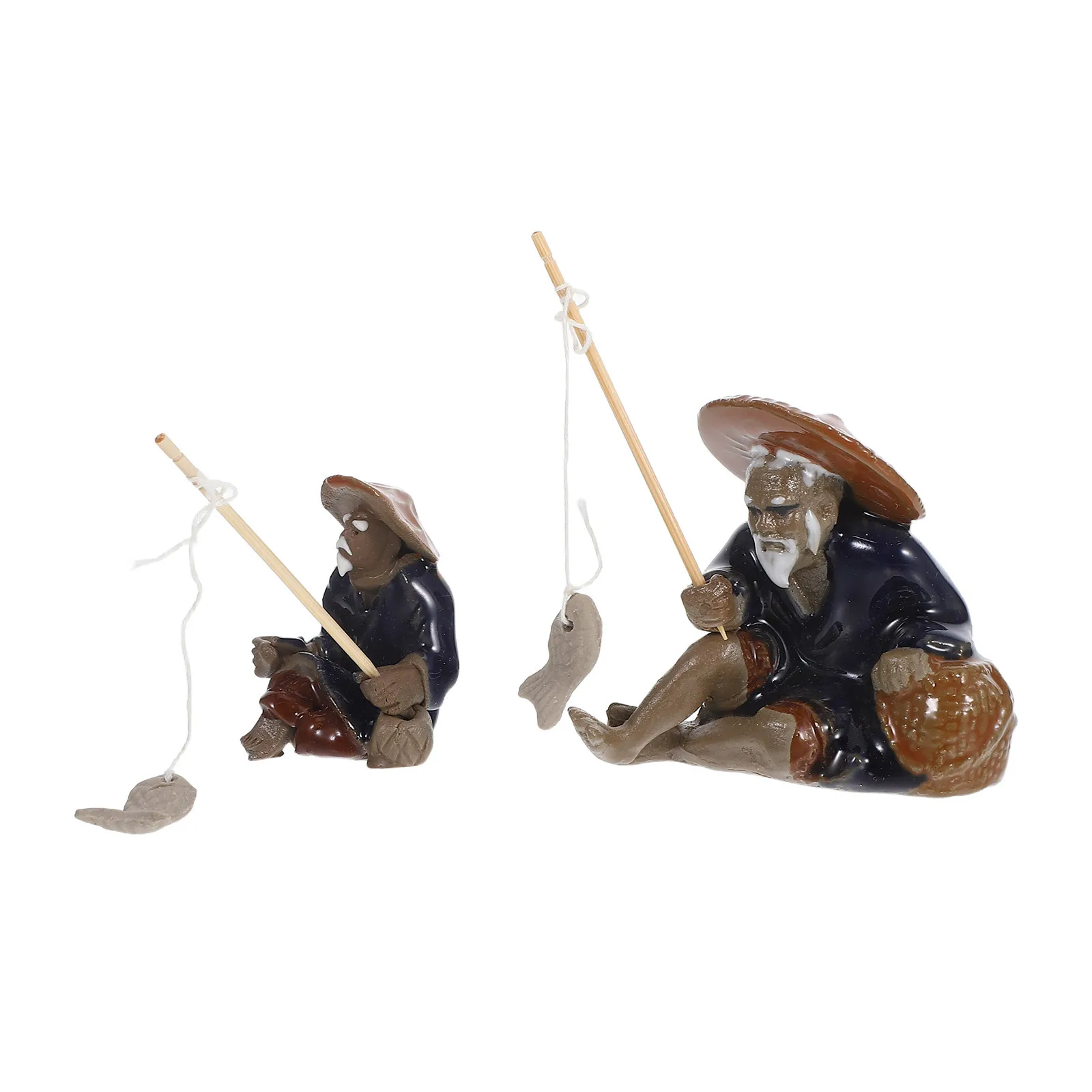 

2 Pcs Sitting Bonsai Figurine Fisherman Ceramic Zen Garden Landscape Ornament Mini Fishing Sculpture