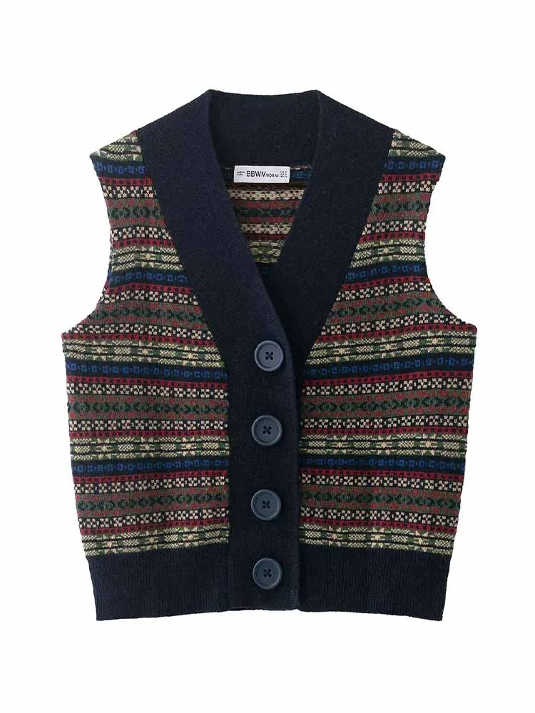 

HH Woman Winter Retro Fashion Sleeveless V Collar Single Breasted Wool Jacquard Short Knitted Cardigan Casual Warm Vest Cardigan