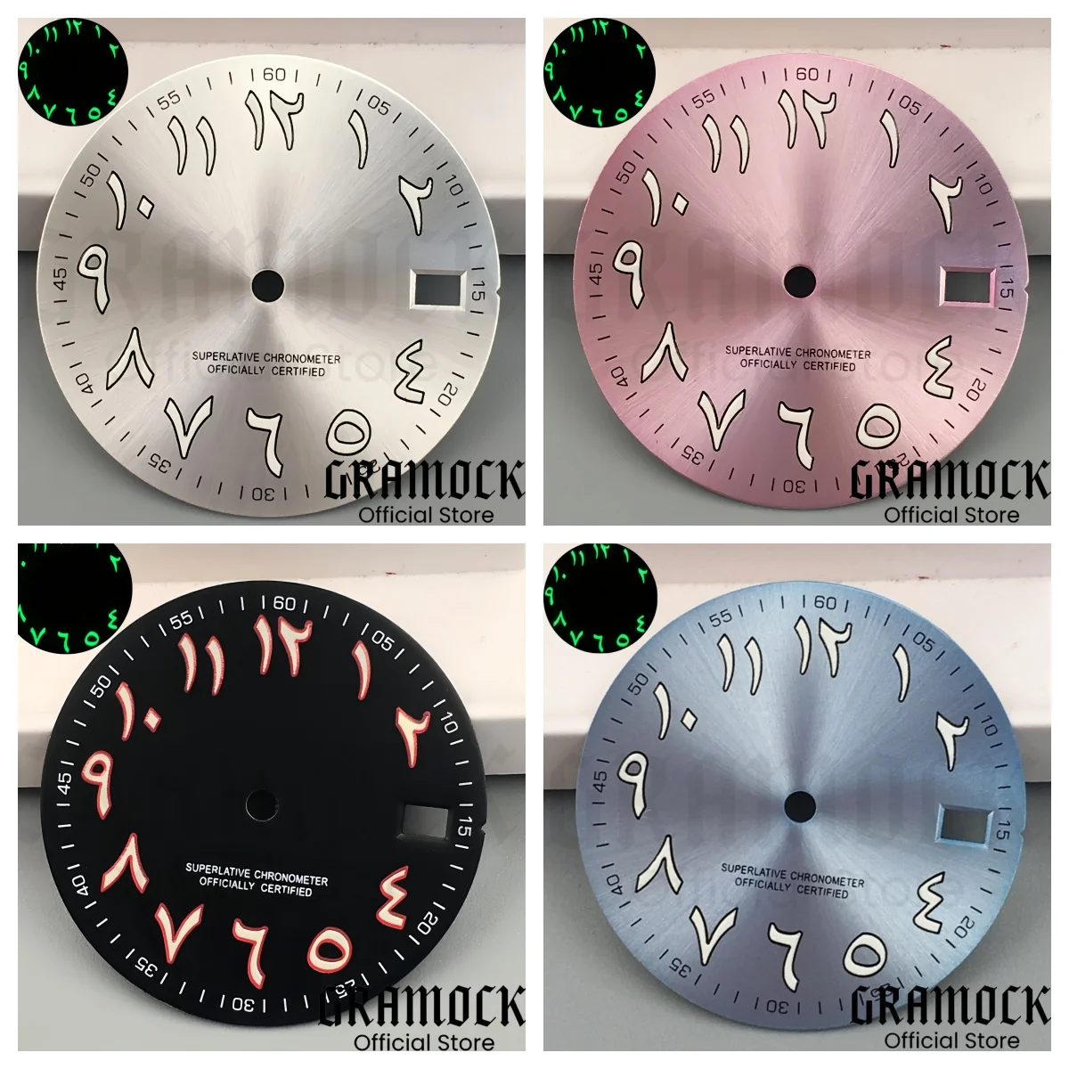 Gramock 29mm Watch Dial Sun Patterned Surface Arabic Alphabet with Date Watch Faces Replace Accessories for NH35 / NH36 Movement