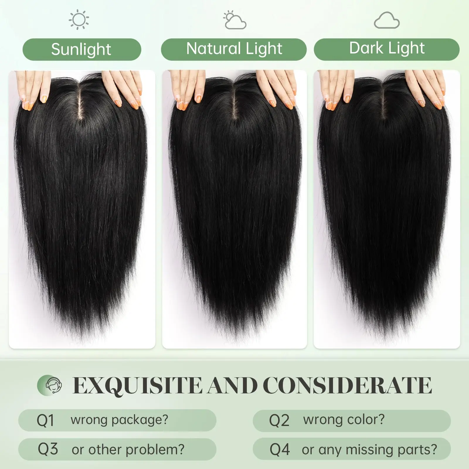 Rambut Asli Remy Lurus 16 Inci untuk Wanita, Ekstensi Rambut Hitam dengan Akar Gelap, 3 Jepitan, Hairpiece Hitam