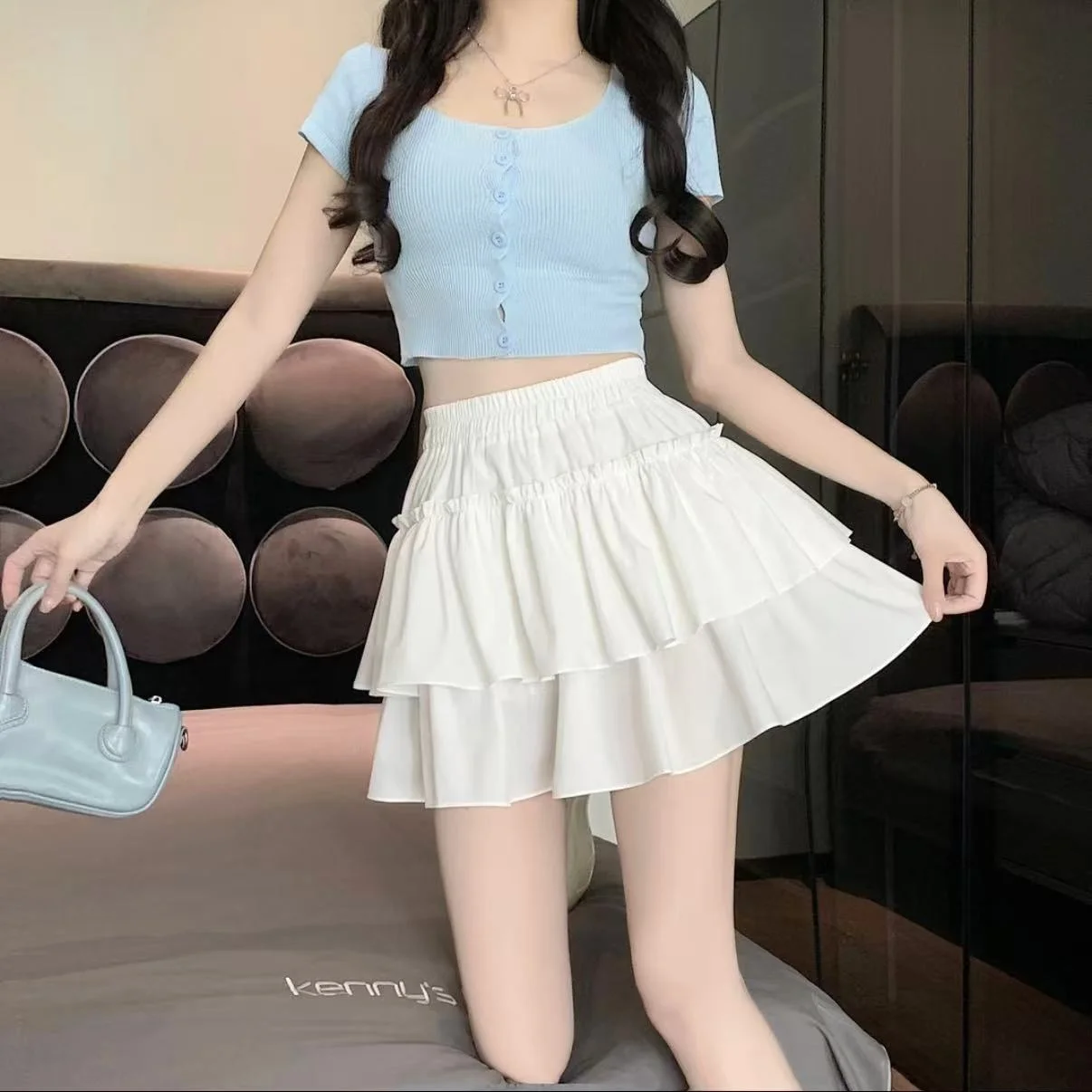 Sweet Lace Hem Cake Skirt High Waist Women's  Skirt White Summer 2025 Fashion Commute Style Slim Fit Pure Color Skirt