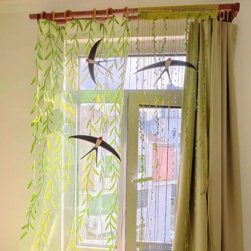 Green Sheer Voile Window Curtain Leaf Pattern Tulle Drapes Translucent Balcony Bedroom Living Room Semi Transparent Panel