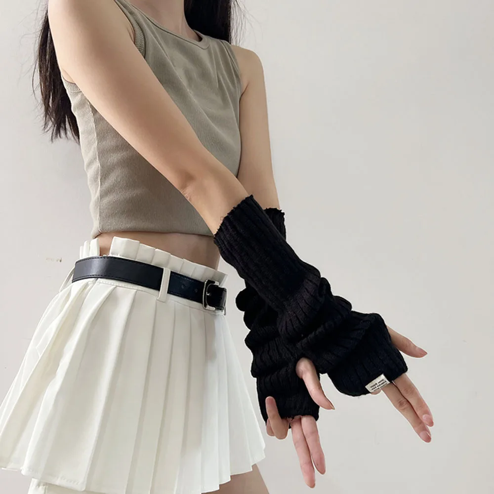 Girls Gothic JK Long Sleeve Fingerless Gloves Fashion New Harajuku Knitted Arm Warmers 2024 Autumn Korean Sweet Solid Y2K Mitten