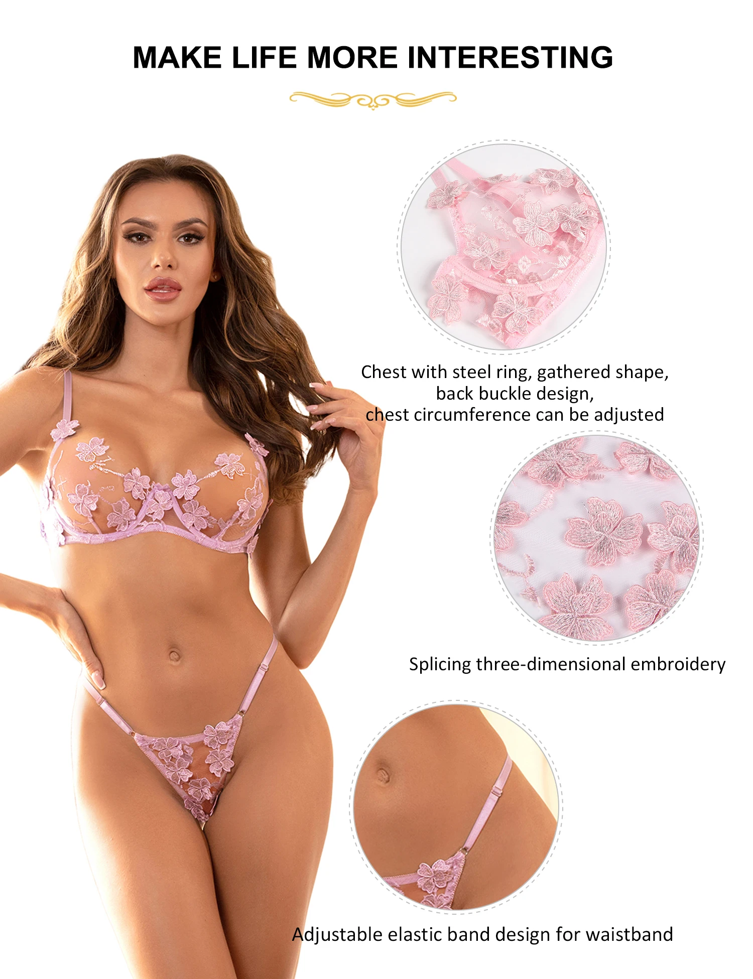 Comeondear Women Underwear Set Embroidery Floral Applique Lingerie Set Mesh Plus Size XXXL 5XL Lace Transparent Sexy Thong Set