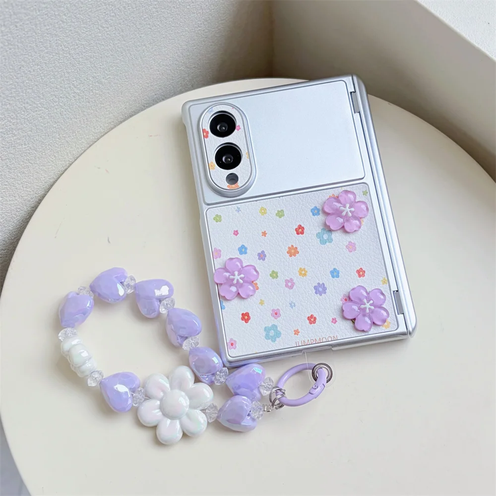 Fashion Korea Cute Purple 3D flowers Phone Case For Samsung Galaxy Z Fold 8 Ultra Cover With Wrist Strap Shockproof Funda