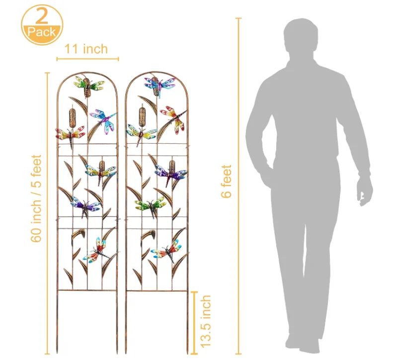 2 Pack Metal Garden Trellis with Colorful Dragonfly 60 Inch High Outdoor Decoration Arched Fence Trellis
