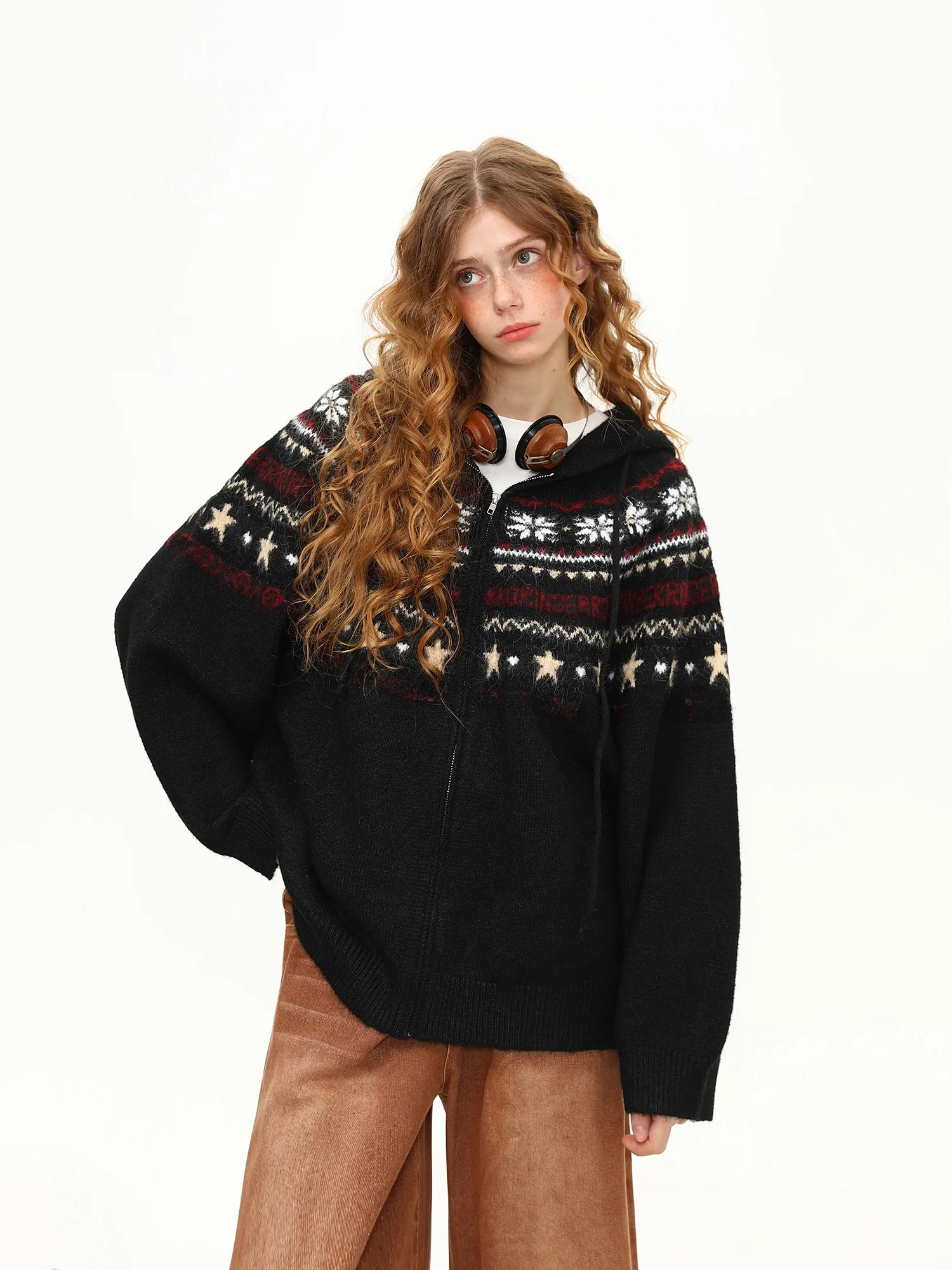 

Wildern Azi American Retro Fair Isle Knitwear Women's Loose Lazy Sle Outerwear Winter Autumn Star Snowflake Pattern