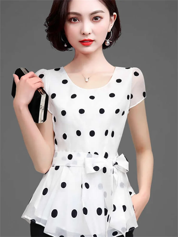 Women Casual Summer Style Chiffon Blouses Shirts Lady Short Sleeve O-Neck Polka Dot Printed Blusas Tops DF2824