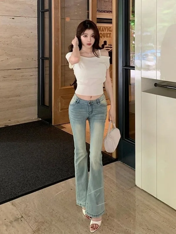 High Waist Flared Jeans Women's Retro Washed V Waist Hip Design Jeans Ladies High Elasticity Button Closure Other Fabric