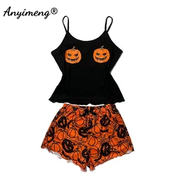 Halloween Women Tank Top Shorts Girl Sexy Lingerie Sleeveless Pijama HOT Prumpkin Nightie Summer Spaghetti Strap Pajamas Set