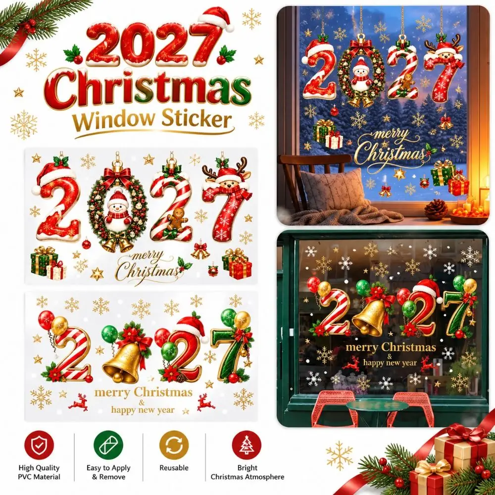 2027 Christmas Window Sticker PVC Removable 2027 Window Sticker Reusable Static Cling New Year Decorative Sticker