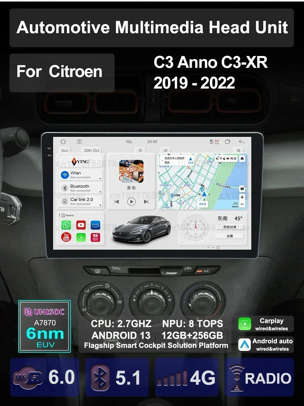 

For Citroen C3 C3-XR ANNO 2019 2020 2021 2022 Car Multimedia Carplay Android Auto GPS Navigation Radio Video Palyer Head Unit