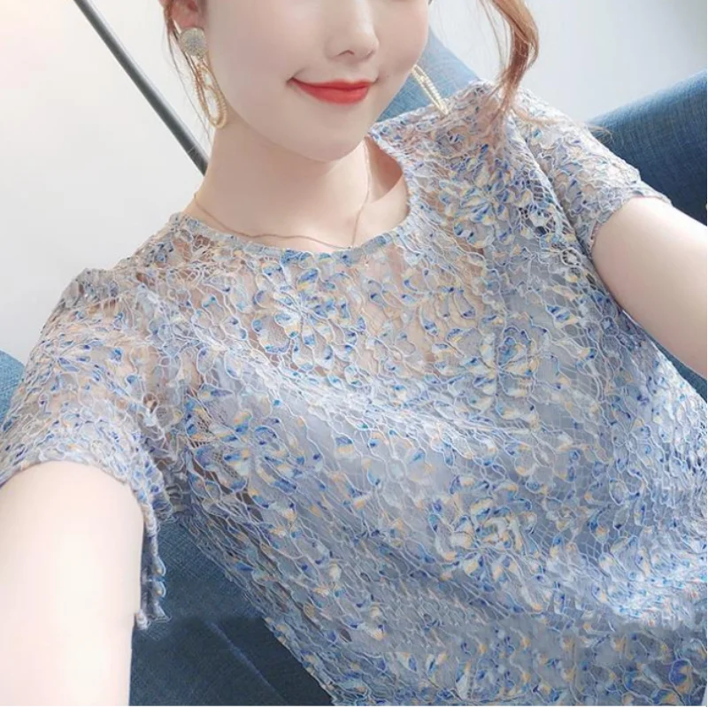 2023 Summer Fashion Lace Printing Trend Short Sleeve Elegant Top Casual Simplicity Commuter Versatile Women's Clothing Blouse