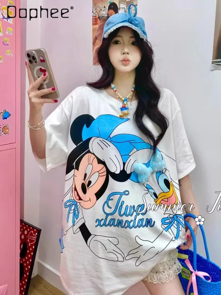 

Summer New Cartoon Printed Tee Loose Versatile Casual Cute Printed Crew Neck Short Sleeve T-Shirt Women Oversized T Shirt