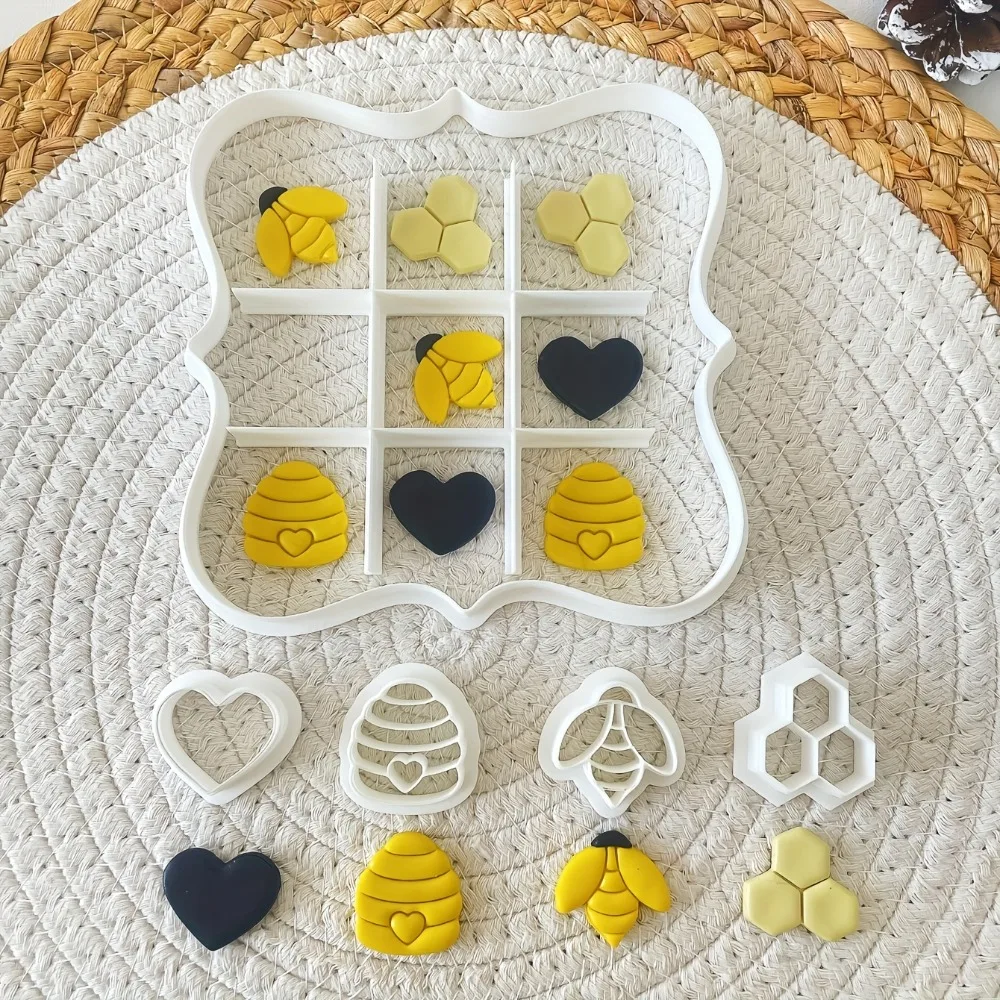 Conjunto de 6 Cortadores de Biscoito Abelha e Colmeia, Molde de Tabuleiro Jogo do Galo com Formas de Colmeia e Coração para Confeitaria, Festas e Atividades Infantis
