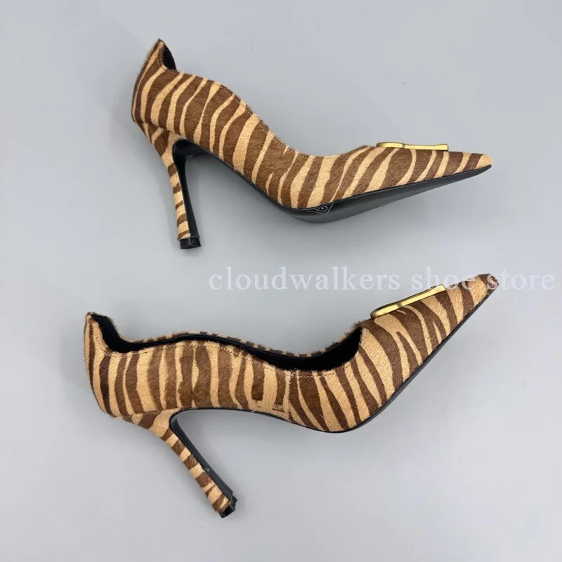 

New Trend Zebra Stripes Irregular Keyhole Decor Pointed Toe Horse Hair Pumps Brown Patent Leather Elegant Curves Slip On Pumps