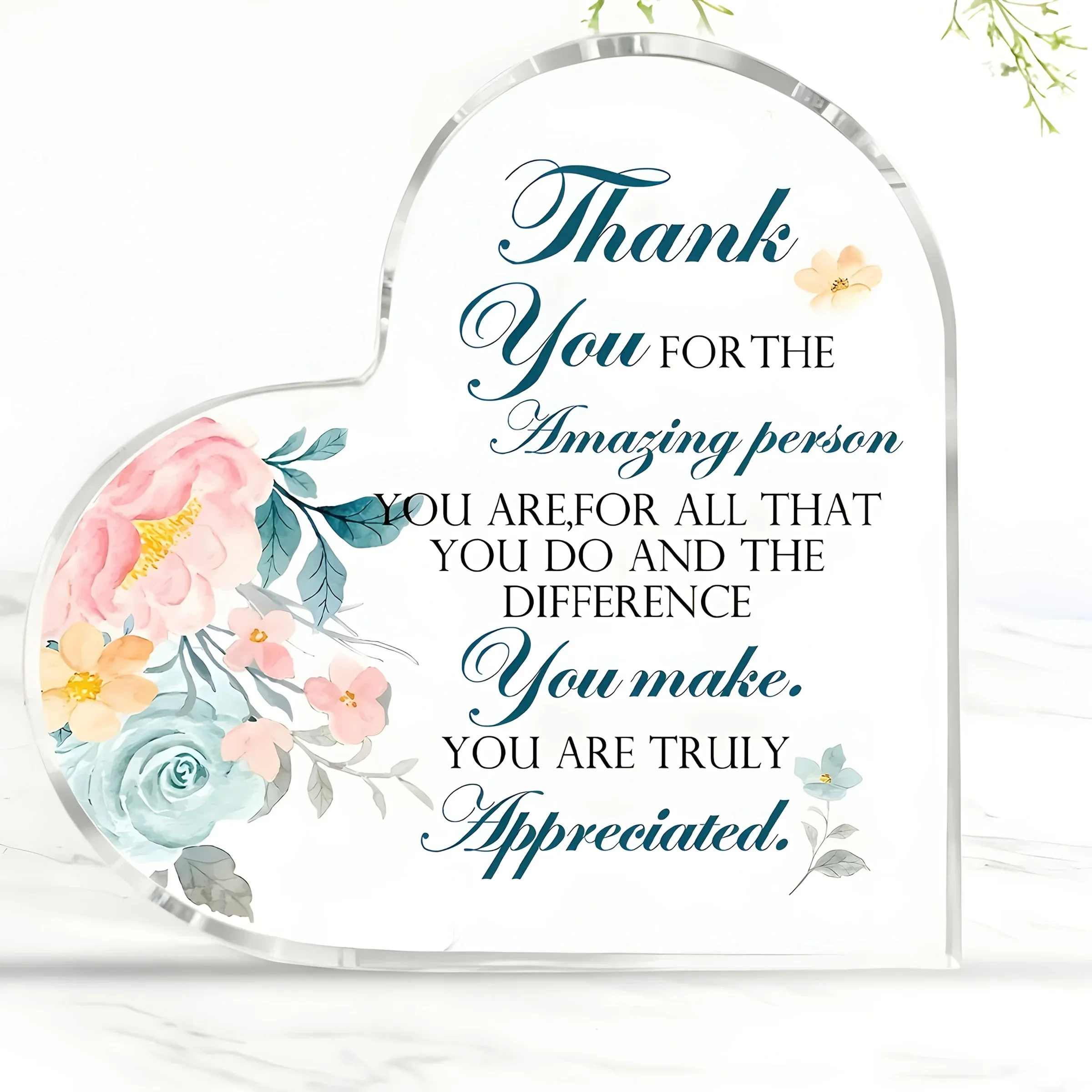 Heart Acrylic Plaque Thank You For The Amazing Person Watercolor Floral Desk Gift, Inspirational Floral Desktop Decor for Friend Teacher Office