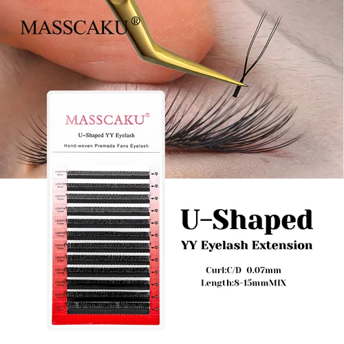 MASSCAKU-pestañas YY en forma de U, 0,07mm de espesor, ventiladores prefabricados, extensión de pestañas de volumen, pestañas autocalizantes de visón fino para maquillaje