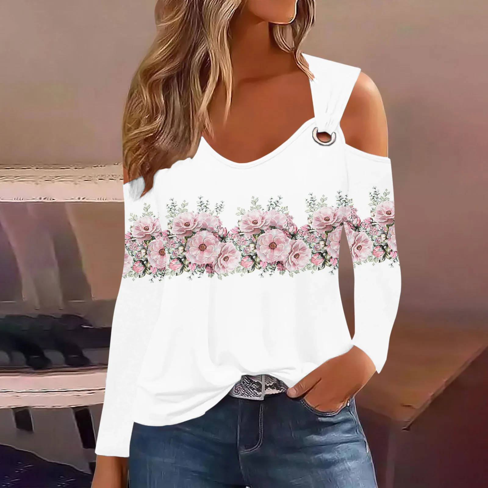 2024 Jesienna koszulka z długim rękawem dla kobiet Casual Hollow Out Tshirt Woman Tops Floral Print Sexy Off Shoulder T Shirt Top Femme