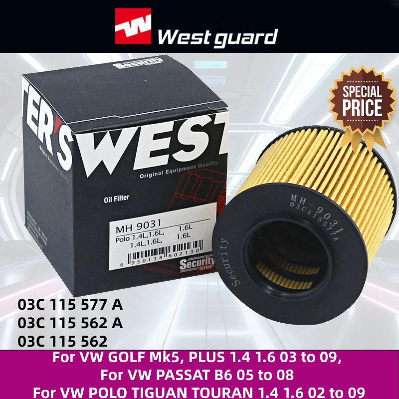 

For VW GOLF Mk5, PLUS 1.4 1.6 03 to 09 PASSAT B6 05 to 08 POLO TIGUAN TOURAN 1.4 1.6 02 to 09 WESTGUARD Oil Filter MH9031