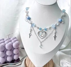 Blue Heart Beaded Necklace, Fairycore Handmade Jewelry, Twinkle Star, Cottagecore necklace, balletcore necklace, gift for her