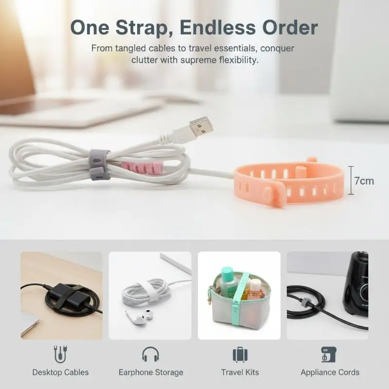 Adjustable TPR Cable Management Ties 10 Pcs Multicolor Reusable Cord Fasteners for Home Office Travel Storage