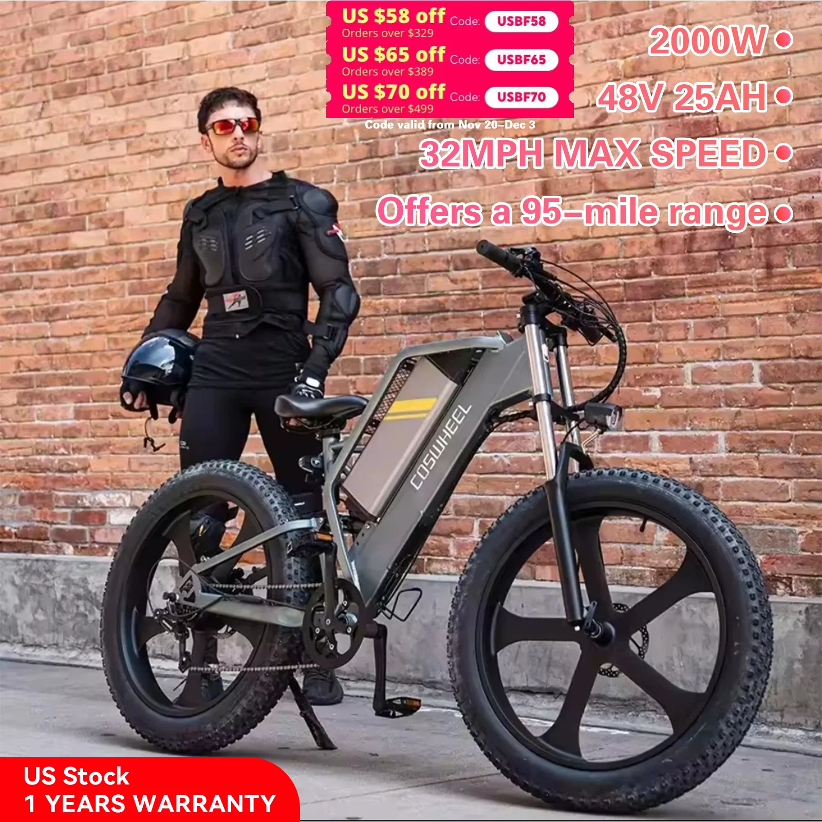 

80+ Mile Long-Range E-Bike: 48V 25Ah Battery & 1500W Peak Motor. Unleash the Power to Tackle Any Terrain with Dual Suspension