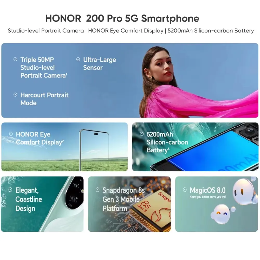 2024 Глобальная версия смартфона HONOR 200 Pro, камера 50 МП, зарядка 100 Вт, аккумулятор 5200 мАч, 200 Pro, 6,78 дюйма, OLED, 120 Гц, Snapdragon 8S Gen 3