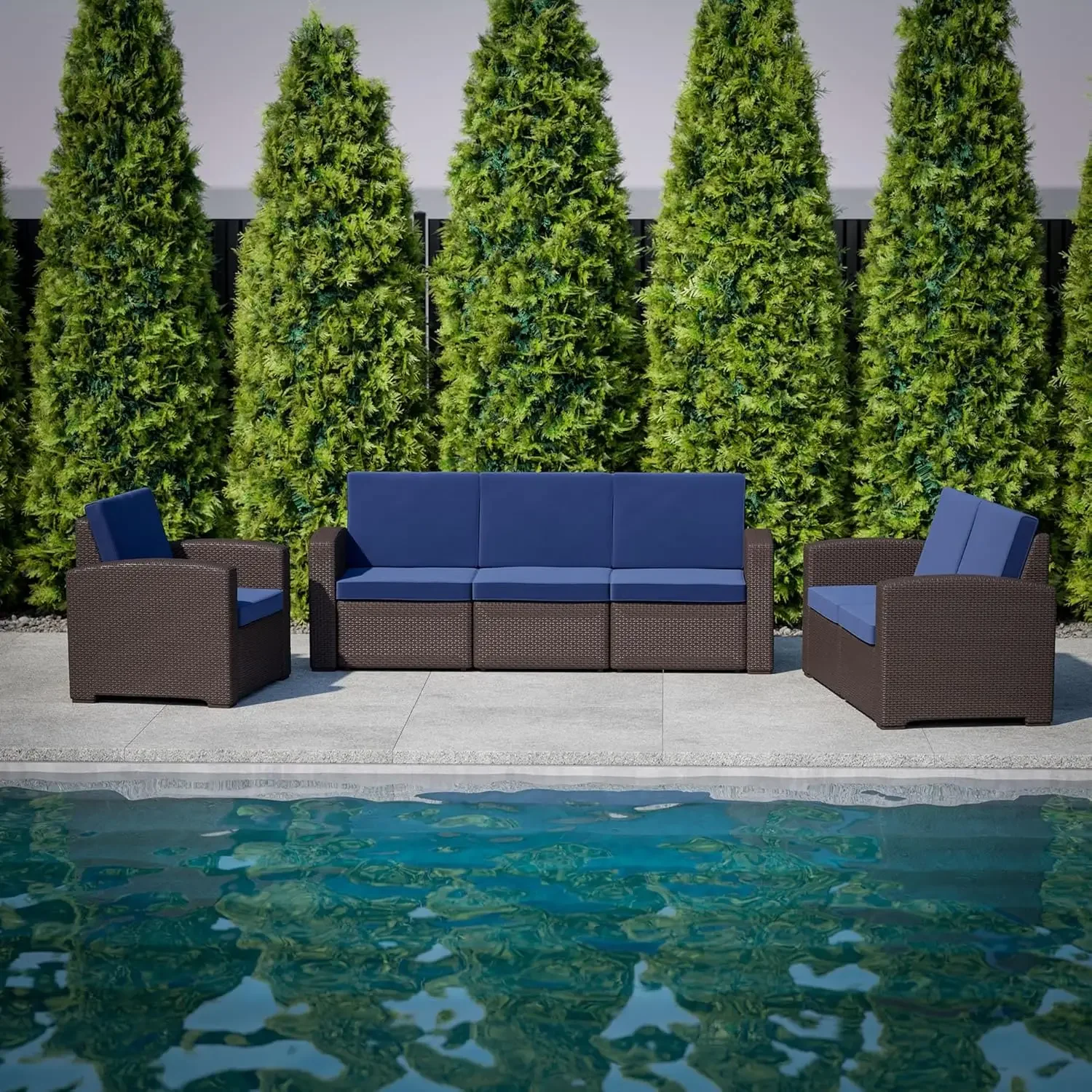 Chocolate Brown Faux Rattan Sofa with All-Weather Navy Cushions for patio, deck, poolside