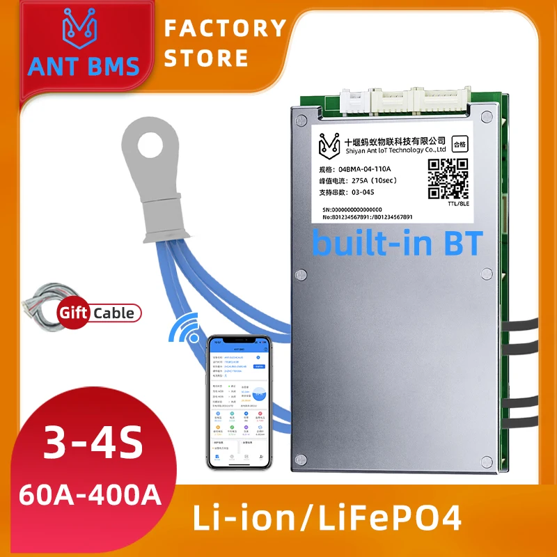 ANT BMS 4S lifepo4 60A to 400A  smart bms 3s 12V Built-in Bluetooth Battery Accessory Temperature Detection 80A