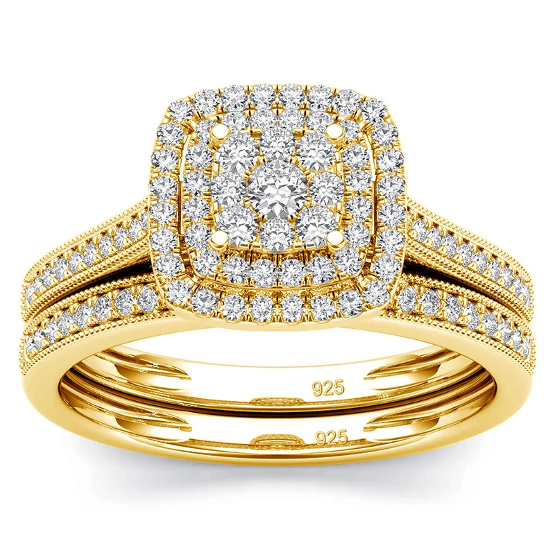 Quality Wedding Ring Set For Couple 18k Gold Plated Synthetic Diamonds Real 925 Sterling Silver Ring Gift Fine Jewelry