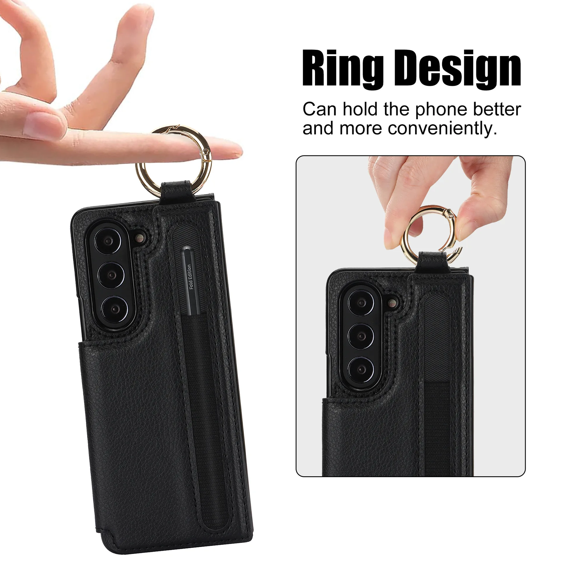 

Чехол для телефона Fold7 Ring&Pen Slot из искусственной кожи для Samsung Galaxy Z Fold 7 6 5 4 3, металлическая двойная пряжка, откидной держатель для карт, чехол-бумажник