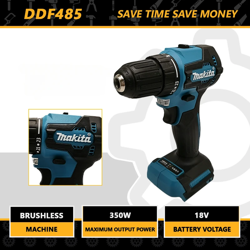 

Электрическая дрель Makita, электрический инструмент DDF485 18 в 1000 нм, бесщеточная перезаряжаемая ударная отвертка 10 мм, электрическая дрель