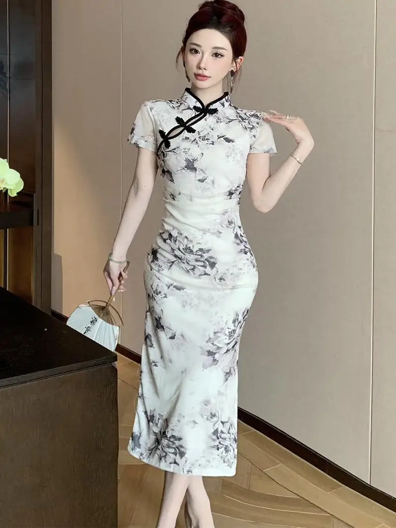 

Young Sle Sexy Chinese New Version Qipao Netting Wrap around High Slit Floral Print Dr Breathable ort Sve Midi Dr