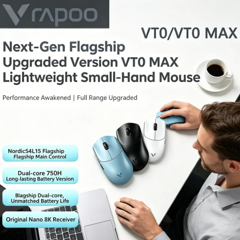 PAW3950 PAW3398 Rapoo VT0 MAX Mouse Nordic54L15 Chip Dual 8KHz Polling Rate 45000DPI Ergonomic Design For PC Gamer FPS Gaming