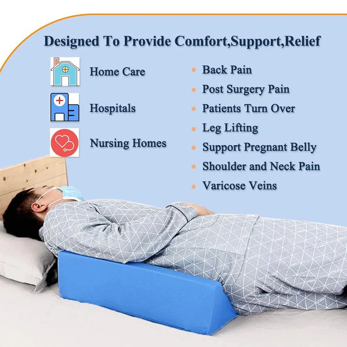 【50x25x15cm】(Blue/White) Acid Reflux Foam Bed Wedge Pillow Leg Elevation Back Lumbar Support Cushions