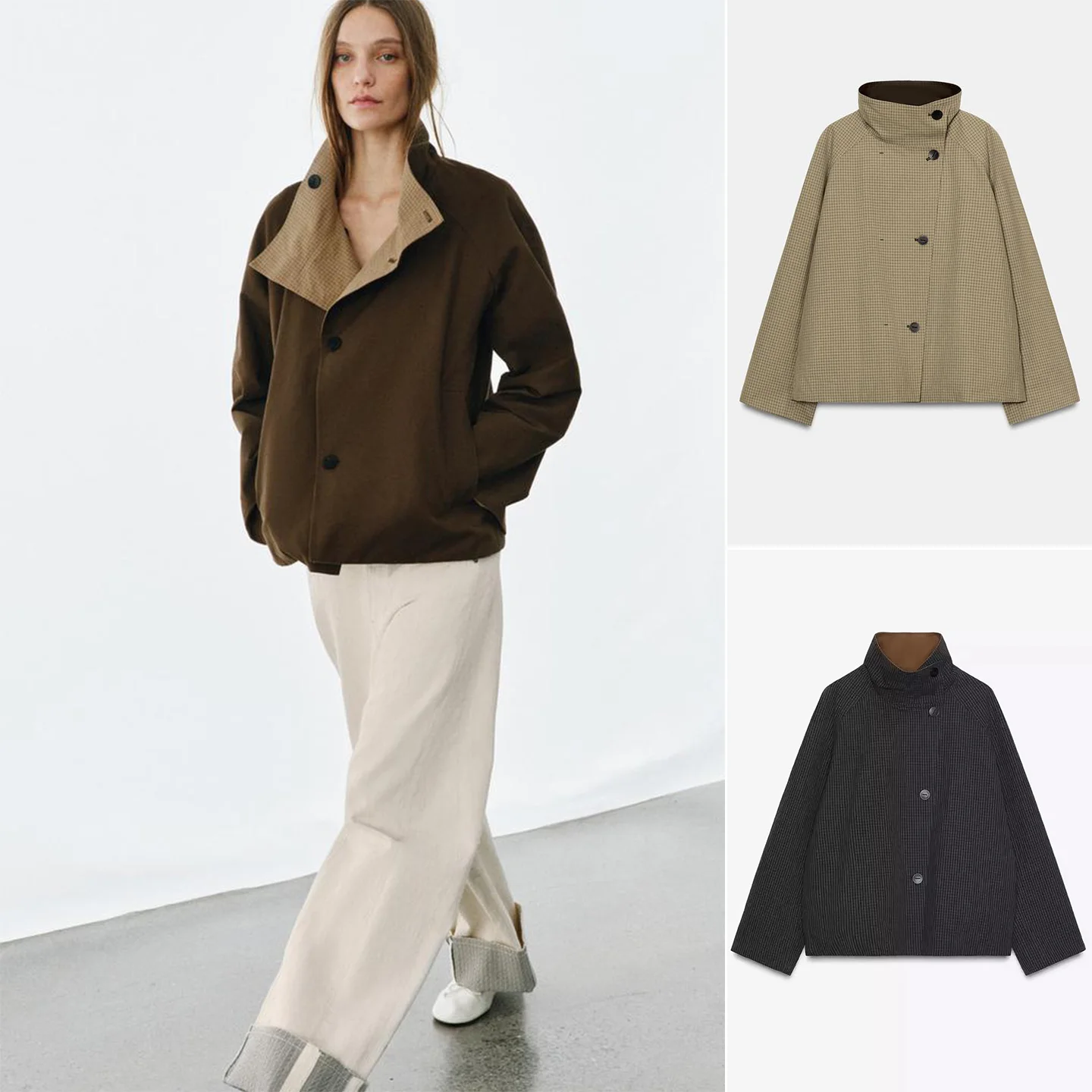 

Spring New Women's Plaid Double-Sided Wear Long Sleeve Stand Collar Jacket Loose Fit Polyester Fiber Button Closure Coat