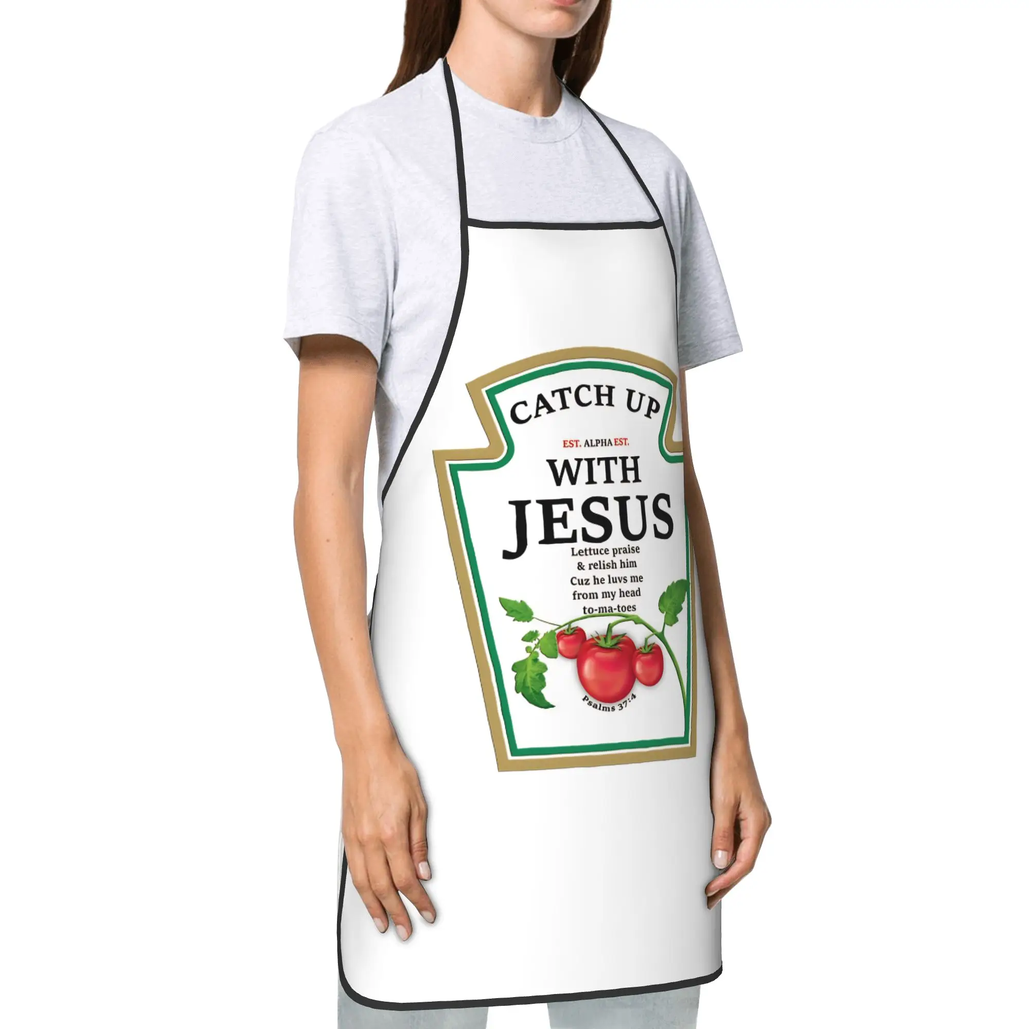 Catch Up With Jesus Ketchup Oil-Proof Bib Apron Fashion Polyester Funny Christian Household Adult Women Men Picnic Accessories