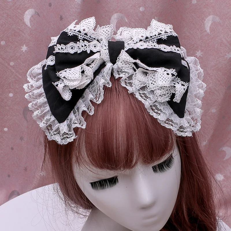 Accesorios de lazo de tres capas para niñas, diadema clásica con lazo de encaje, Aro para el pelo Kawaii, tocado de Cosplay de cómic Con con volantes
