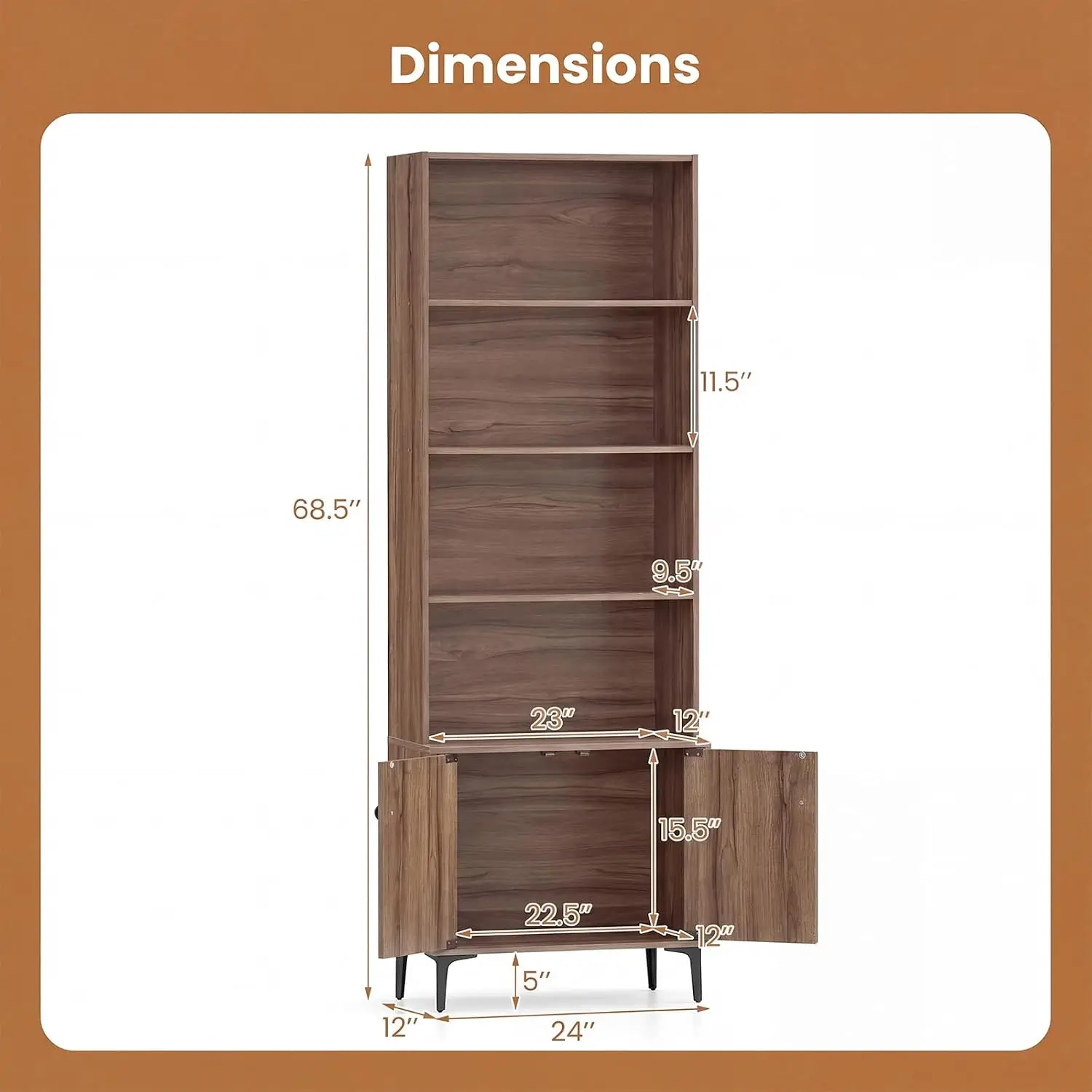 68.5" Tall Bookcases and Bookshelves with 2 Doors, Floor Standing 5 Tier Bookshelf Display Shelves, Bookcase with Storage