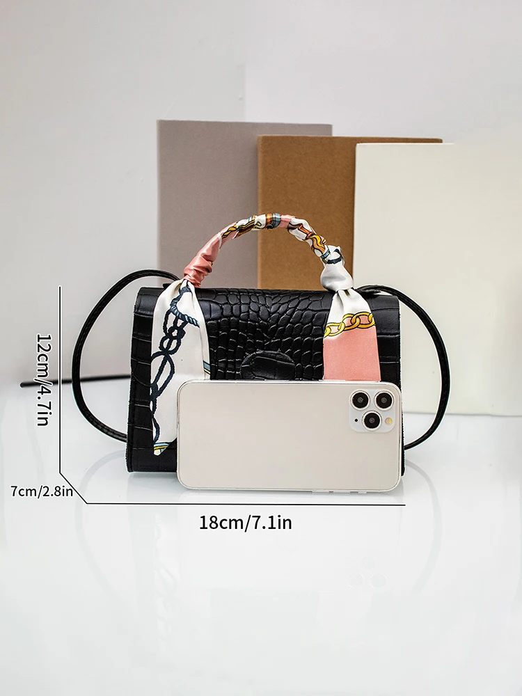 Tote with Scarf Bag Summer PU Leather Printing Shoulder Crossbody Cell Phone Square Bag for Women