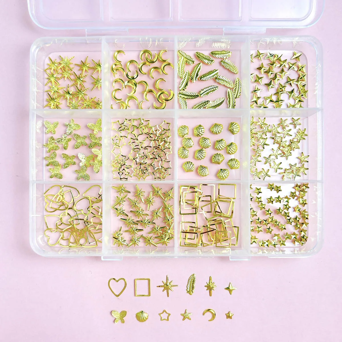 1 caixa 3d criativo colorido manchado flores resina decorações da arte do prego minimalista mini concha estrela de quatro pontas encantos do prego para diy