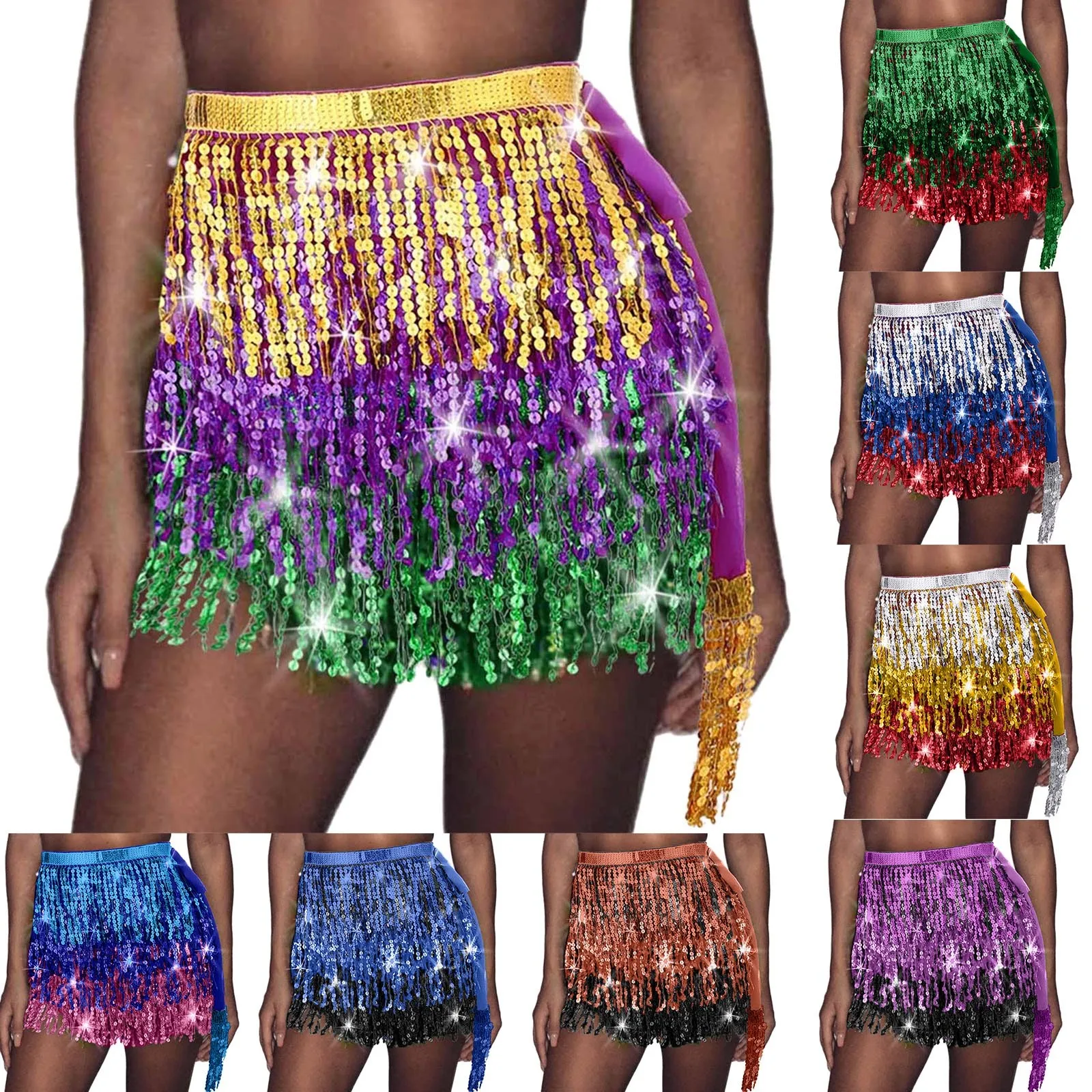 Summer Women Tassel Fringe Sequin Skirts Beach Short Sequin Belly Dancer Costume Taed Skirts Sexy High Waist Mini Skirts