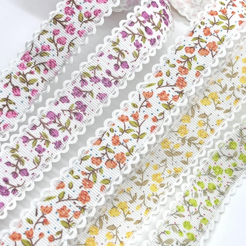 5Y 2.5cm Flowers Printed Embossed Ribbon For Handmade Craft Scrapbook Easter Marriage Party Wedding Deco Gift Floral Packing