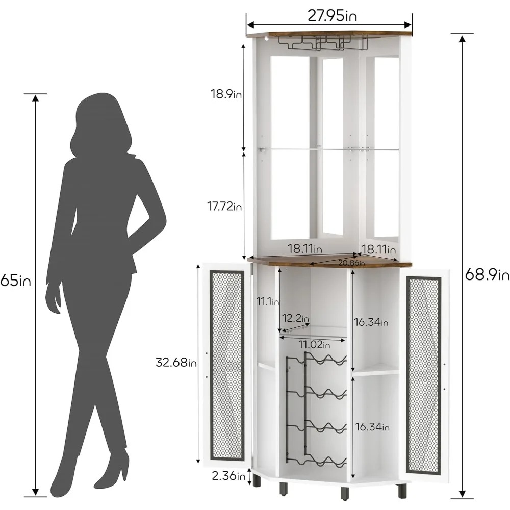 خزانة بار زاوية طويلة 68.9 بوصة، بار نبيذ مع ضوء LED ومرآة، خزانة مشروبات المزرعة مع رف قابل للتعديل ورف زجاجي، #2