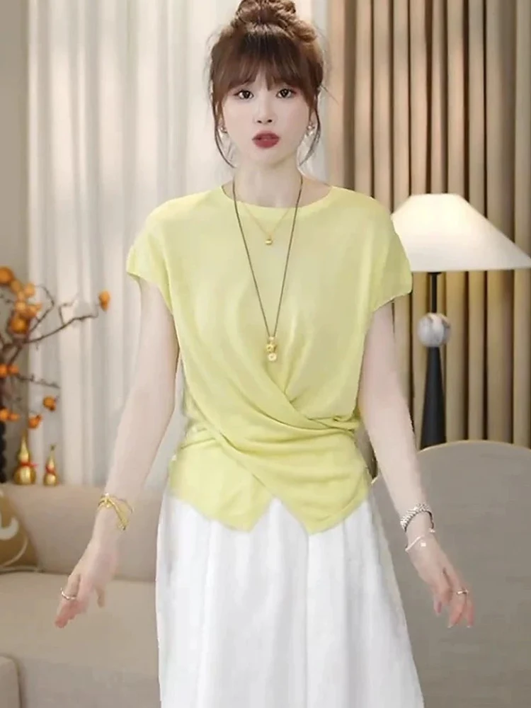 Rundes Ne Ice Silk Strickoberteil Overhead Agel Sommer Unebene Cross Slim Fit Farbe Korean Sle Pendeln Faion Damen...