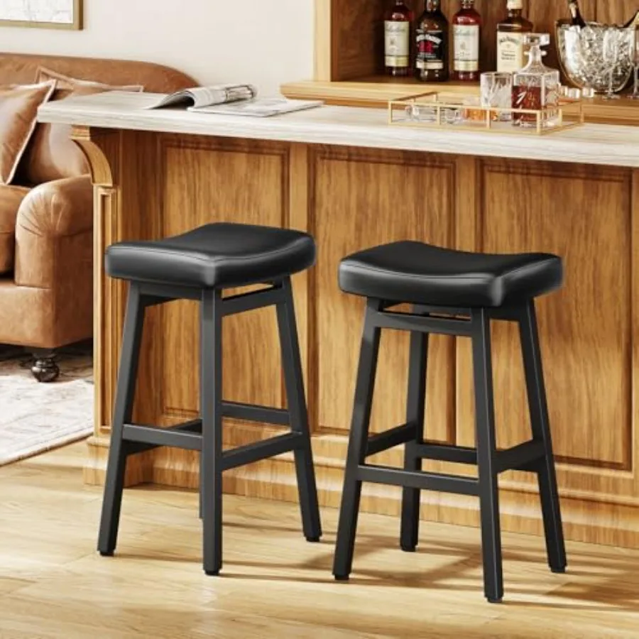 

Набор из 2 барных стульев высотой 29 дюймов для домашней стойки, без спинки, с сиденьями из искусственной кожи и подлокотниками