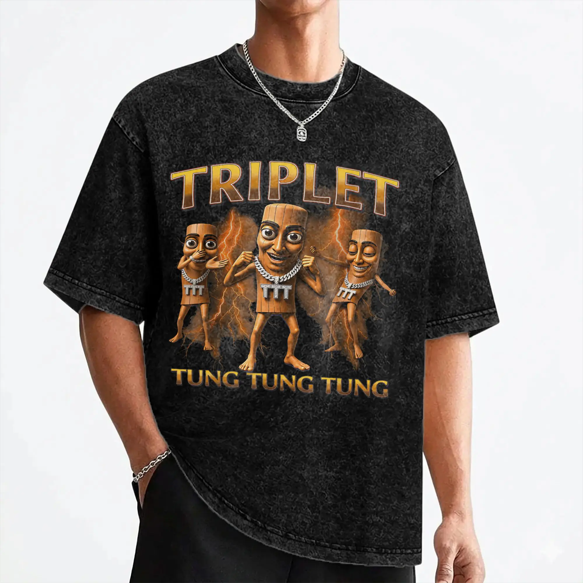 Triple T Tung Tung Tung Sahur Meme Washed T Shirt Streetwear Hip Hop Cool T-Shirts  Tees Tops Men Women Short Sleeve Harajuku