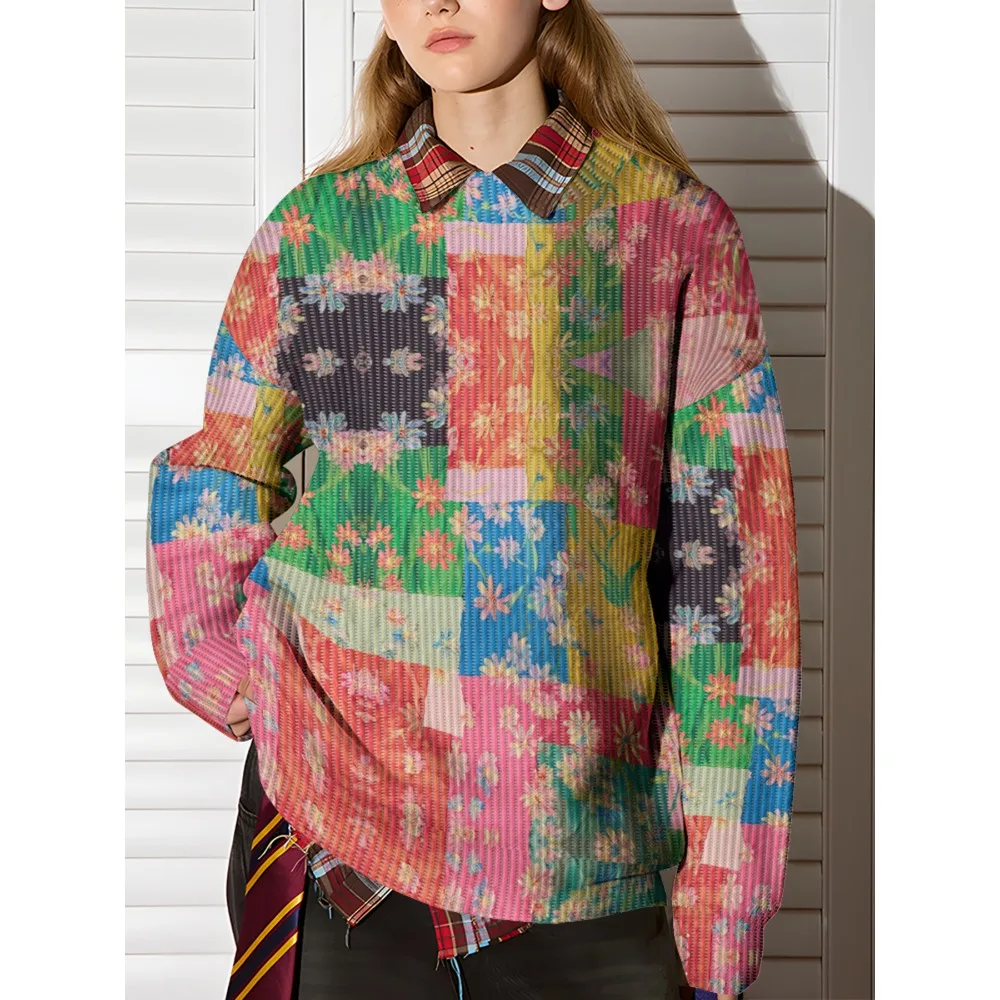 

Толстовка в стиле пэчворк с художественным цветочным принтом, женская модная уличная одежда, пуловер в стиле Харадзюку, зимние повседневные топы в стиле хип-хоп